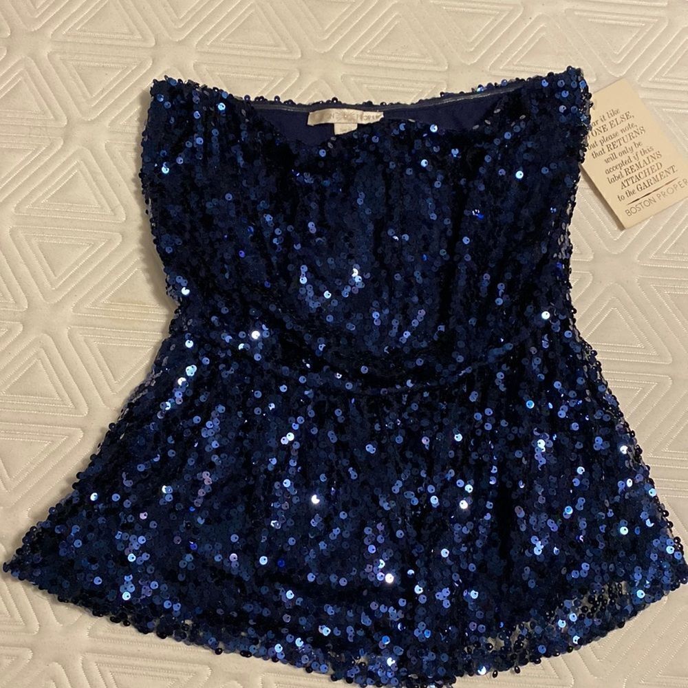 Boston proper, Dk blue sequin strapless top, size M